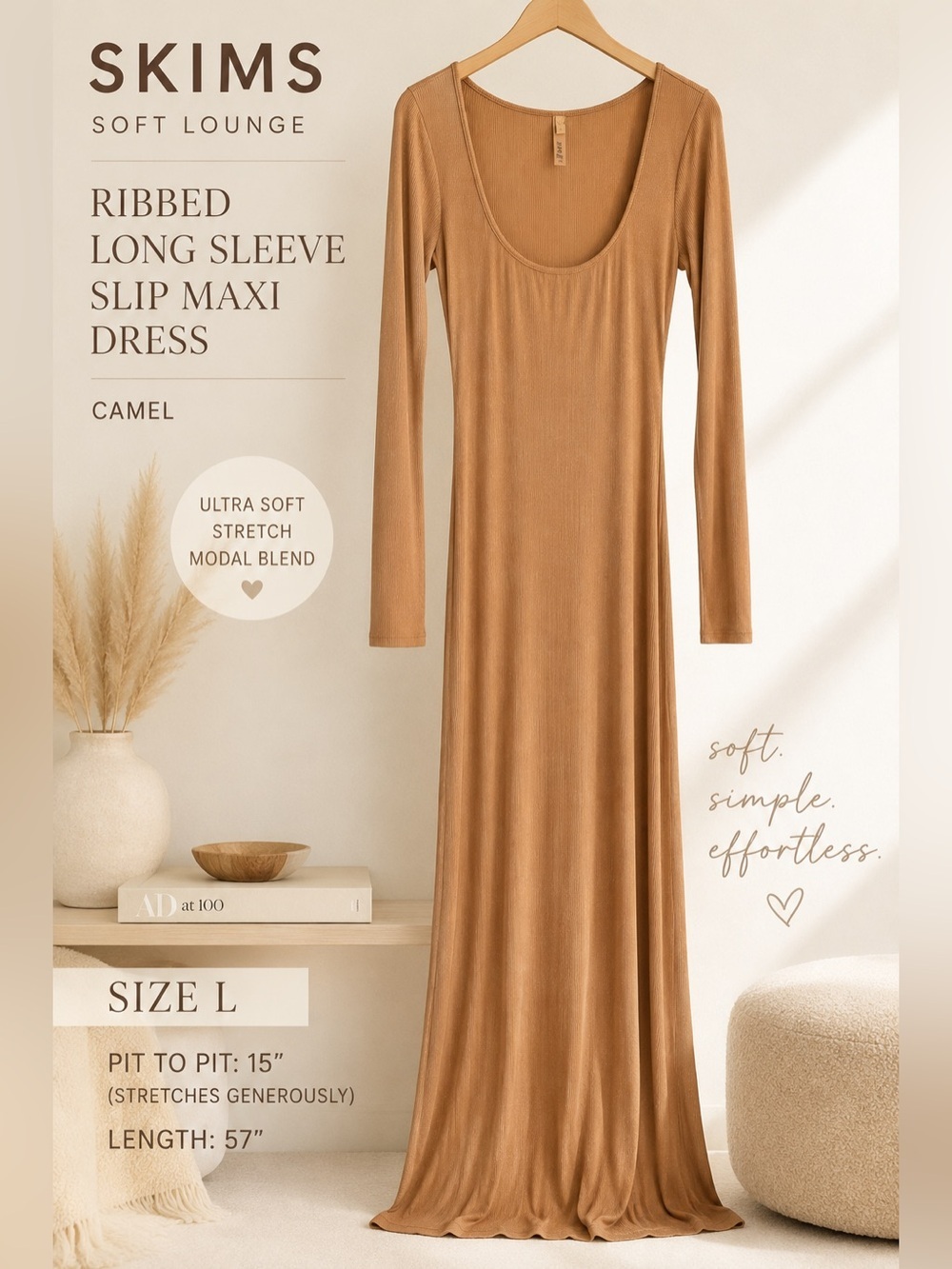 SKIMS Soft Lounge Ribbed Long Sleeve Slip Maxi Dress Camel Size L